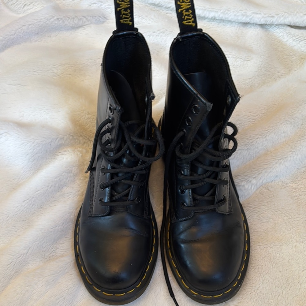 Dr. Martens vegan Black Leather Boots with Yellow Stitching